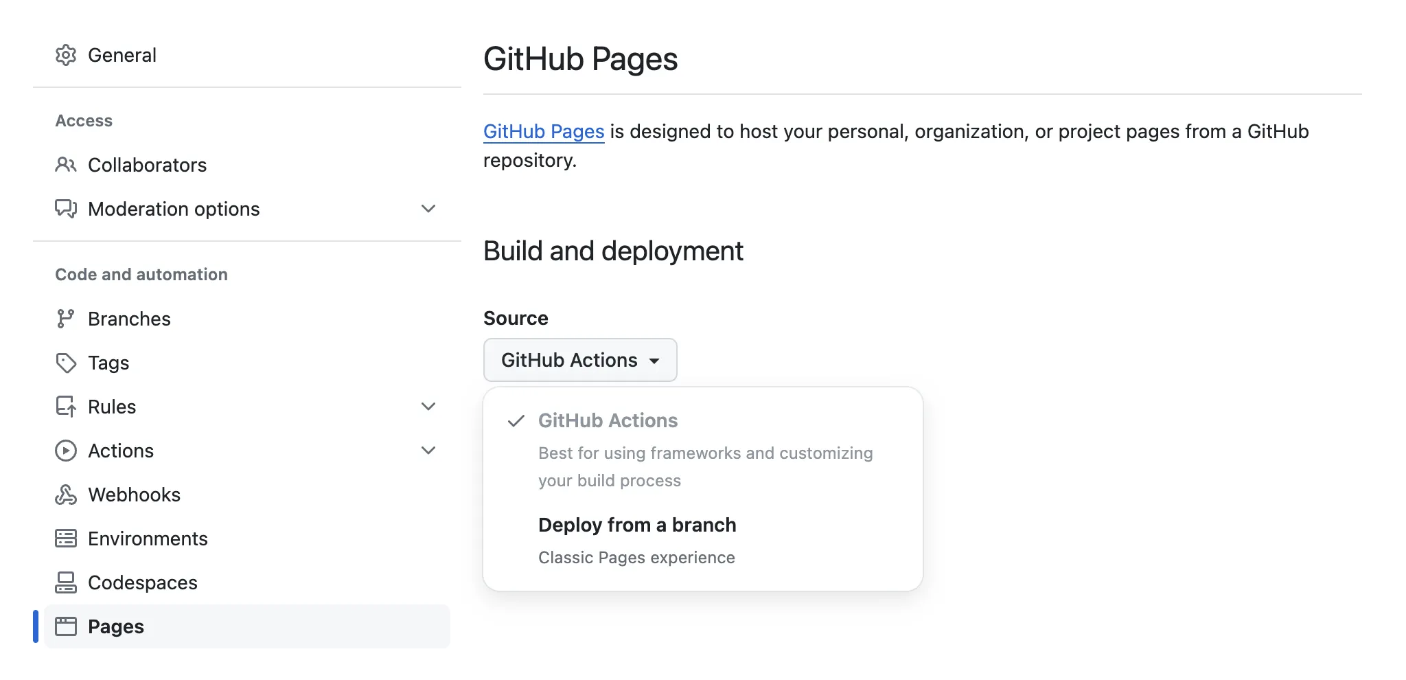 GitHub Pages settings